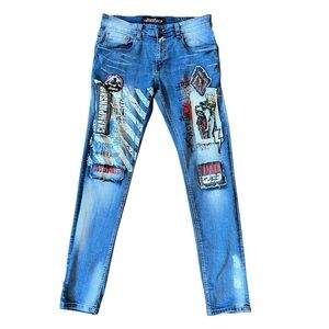 Copper Rivet Jeans Men’s 32x31* Skinny Leg Streetwear Urban Graffiti Paint Patch